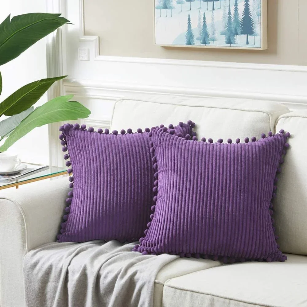 Purple Corduroy Luxury Farmhouse Velvet Pompom Cute Throw Pillow Cover/CaseSet